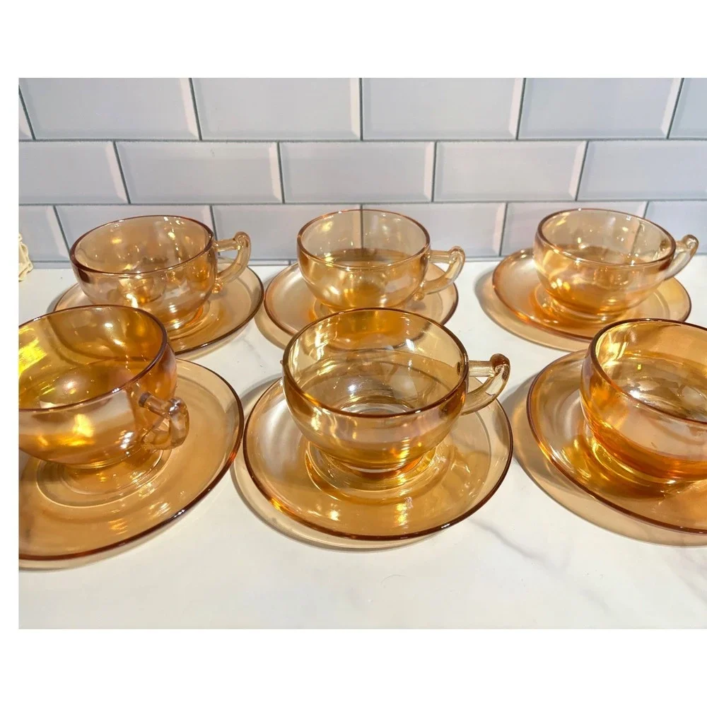 Vtg Lot 13 Pc Jeanette Glass Tea Cups Saucers Marigold Iridescent Carnival Glass